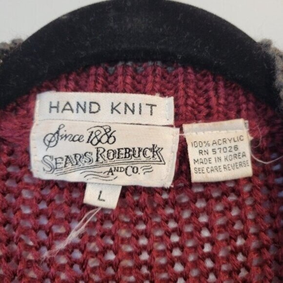 Vintage Sears 80's Hand Knit Chunky Knit Oversized Cardigan Sweater Red Gray - Picture 7 of 7